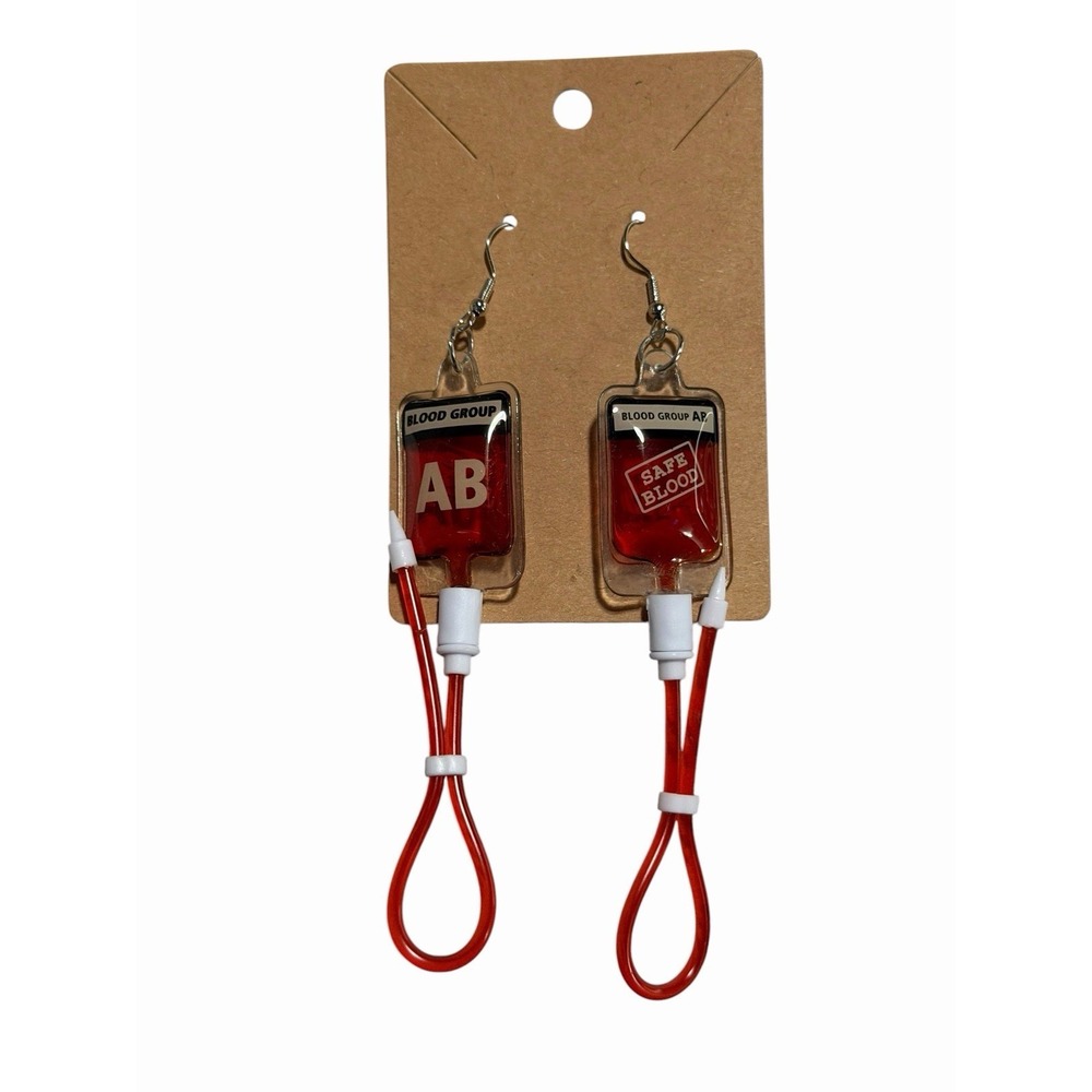 Blood Bag IV Drip Earrings Red Medical Phlebotomy Nurse Novelty Jewelry AB Group